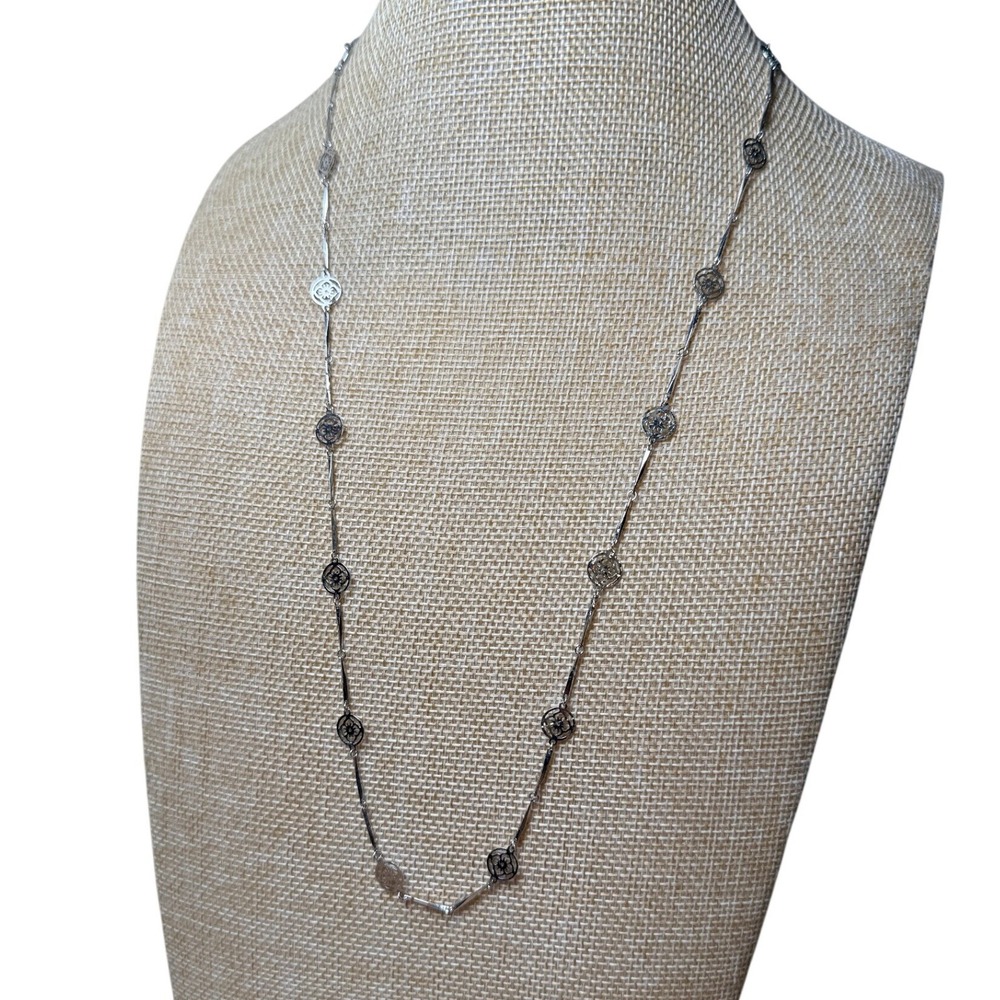 Avon Silver Tone Floral Filigree Station Necklace Long Bar Link Chain Retro Boho